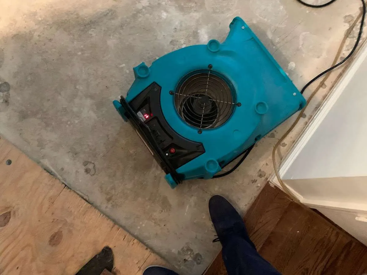Air mover drying subfloor during Commercial Water Damage Restoration in Riverview